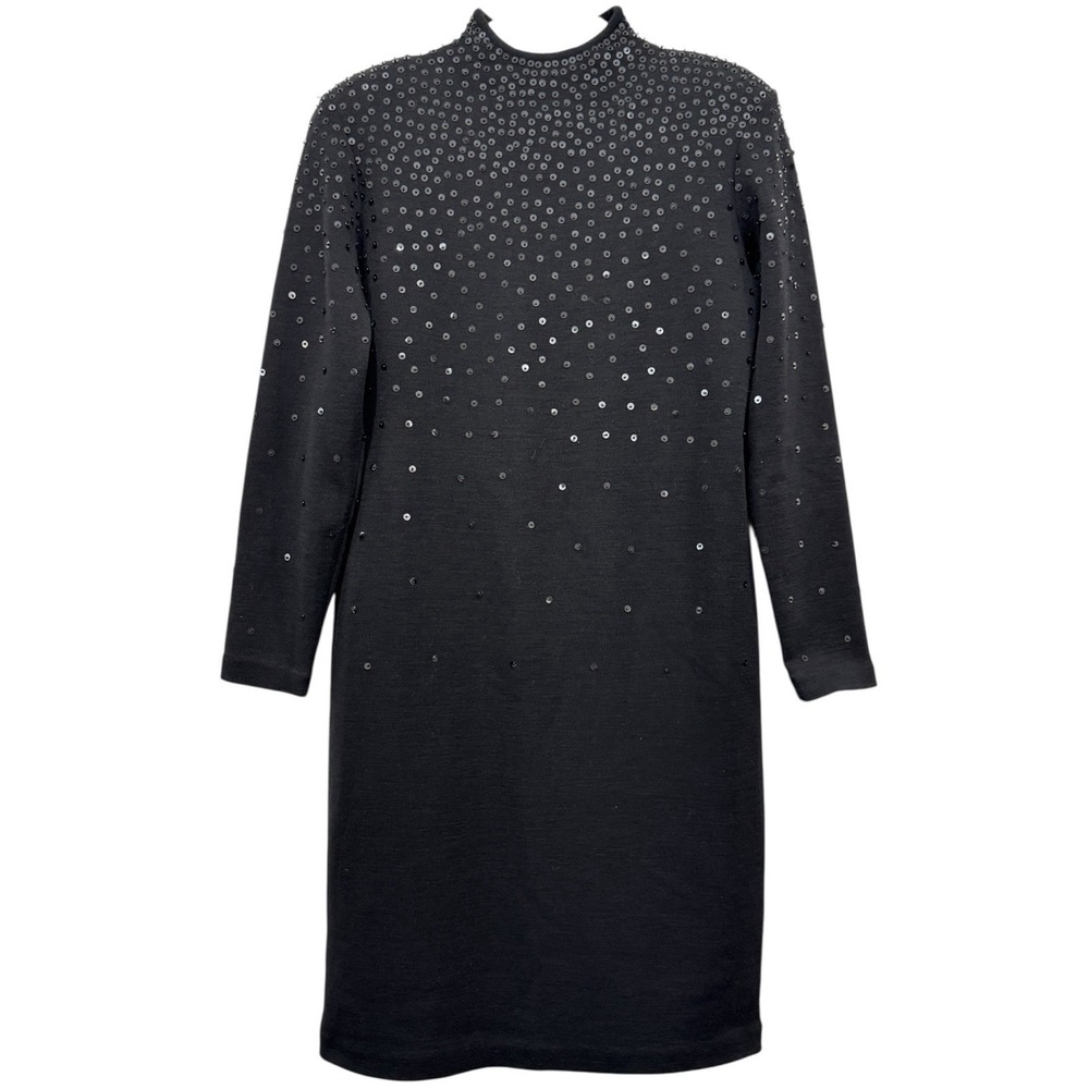 Vintage Dana Buchman Black Sequin Dress L Black 100% Wool Knit Long‎ Sleeve